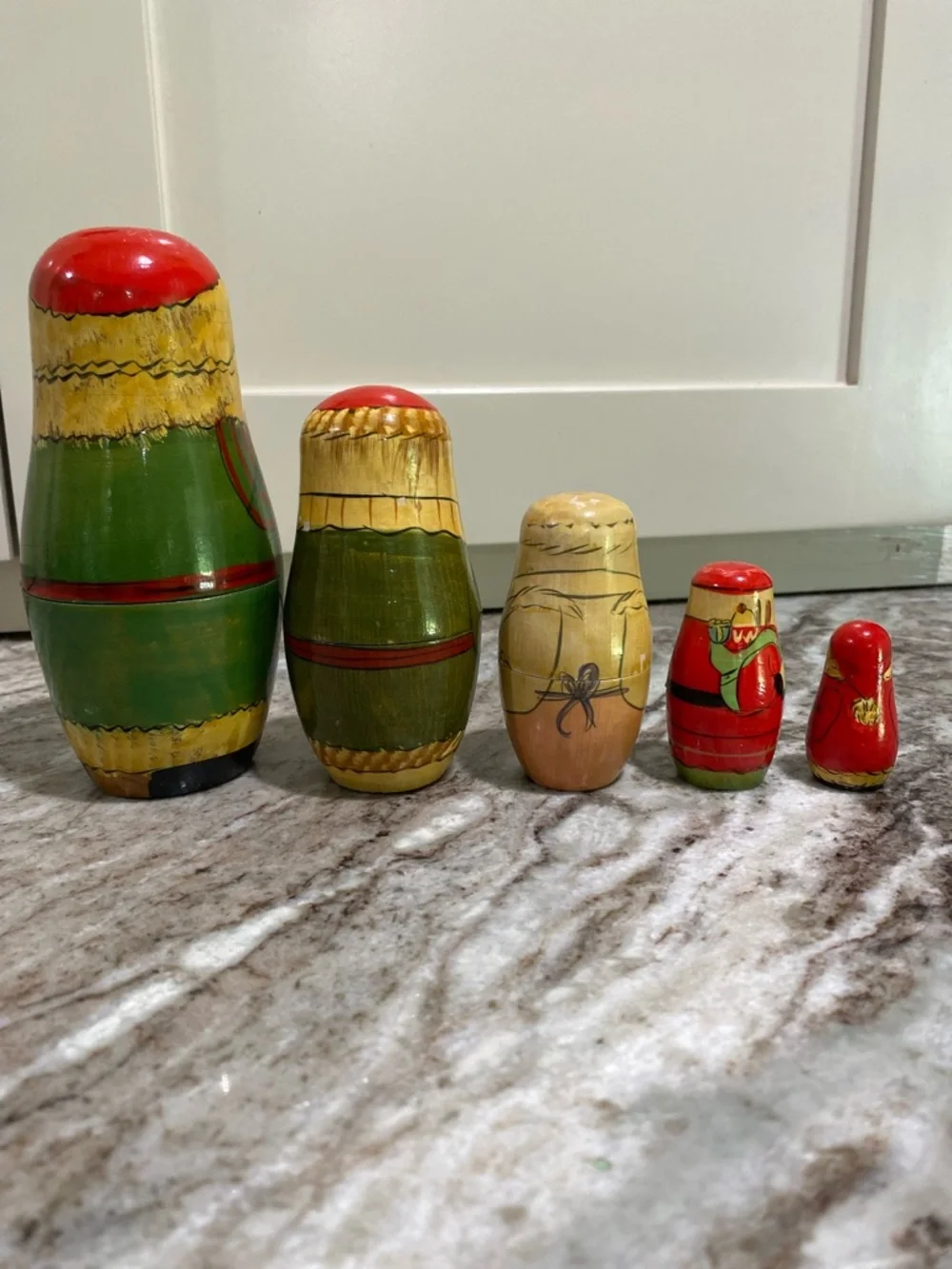 Vintage Hand-Painted Russian Santa Nesting Dolls Set - Green and Red